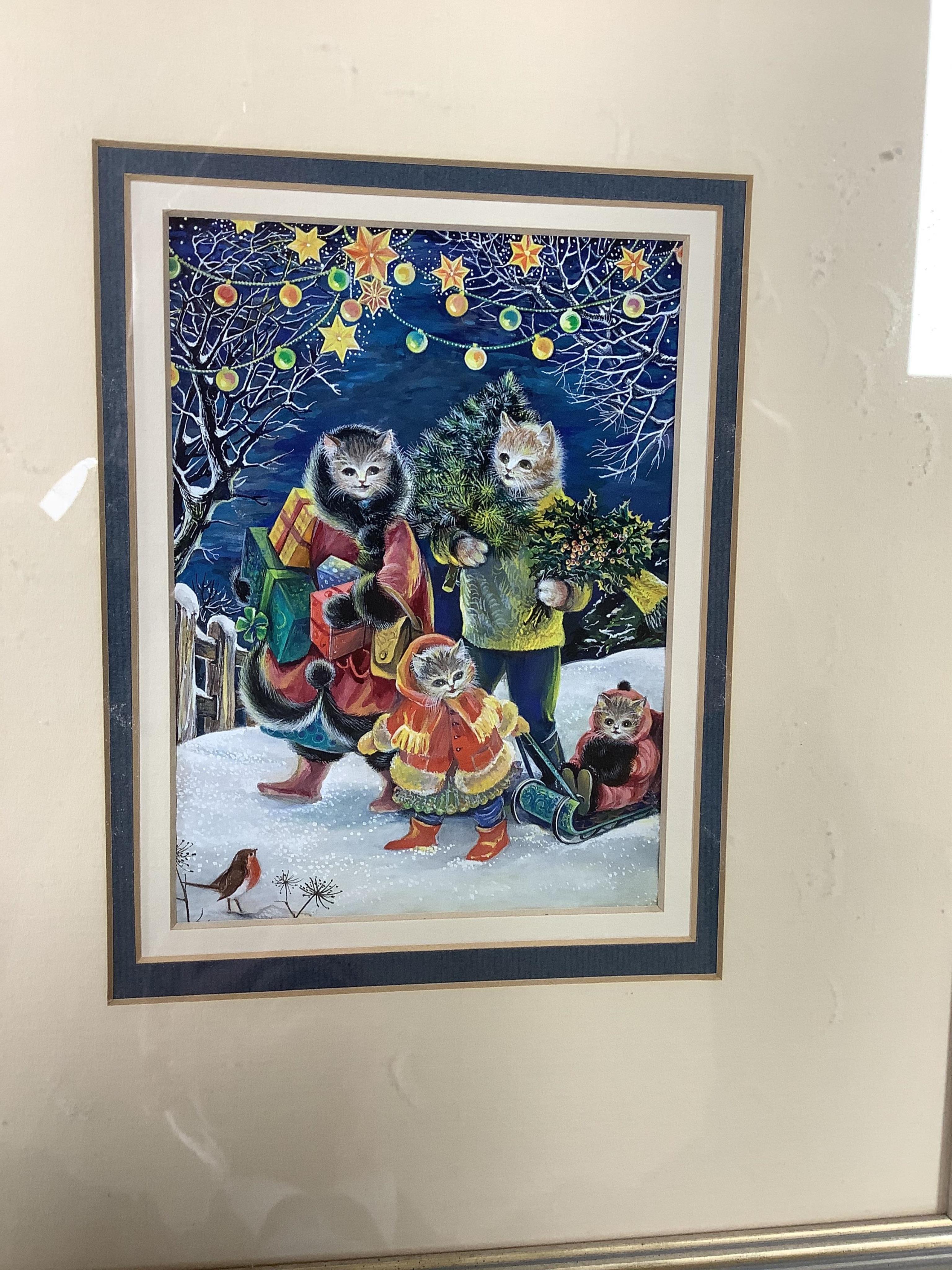 Margaret Pamela Colebourn (1913-2000), set of four watercolour and gouaches, 'The Cat’s Christmas', including Sledge ride with presents and Christmas Eve prayers, E.Stacey -Marks inscribed labels verso, largest 14 x 10.5